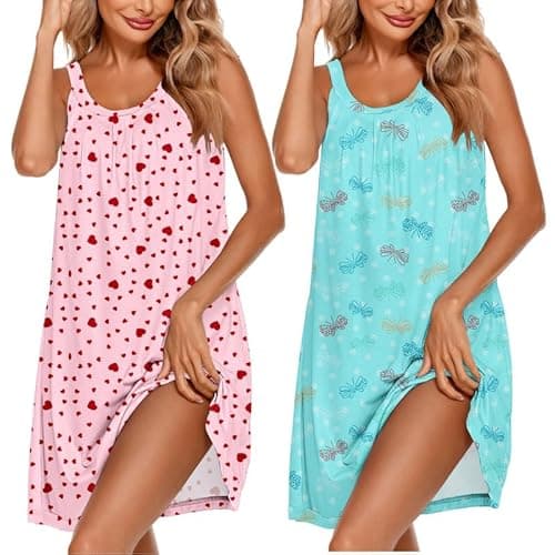 Ekouaer 2 Pack Nightgowns for Women Sleeveless Sleepwear Wide Strap Sleep Shirt Pleated Tank Sleepshirt Pink Heart and Flying M - Image 1