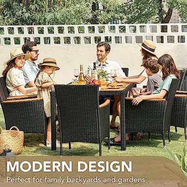 Devoko Outdoor Patio Dining Sets 9 Pieces Wicker Outdoor Dining Table and Chairs Set with Acacia Wood Table Top and Widened Armrests for Backyard, Garden, Deck (Black) - Image 6