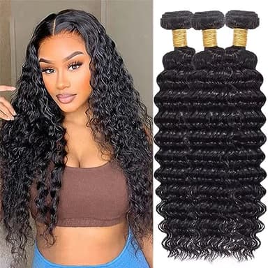 Deep Wave Human Hair Bundles, 18 20 22 Inch, 100% Unprocessed Brazilian Virgin Hair, Deep Curly, Natural Black, Wet And Wavy Bundles - 3 Pack, Style Keep Texture Silky Soft, Hair Extension - Image 1