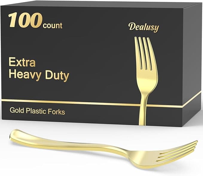 100 Count Heavy Duty Gold Plastic Forks Disposable, BPA-Free, Heat Resistant, Solid and Durable Premium Plastic Disposable Forks for Party Supply - Image 1