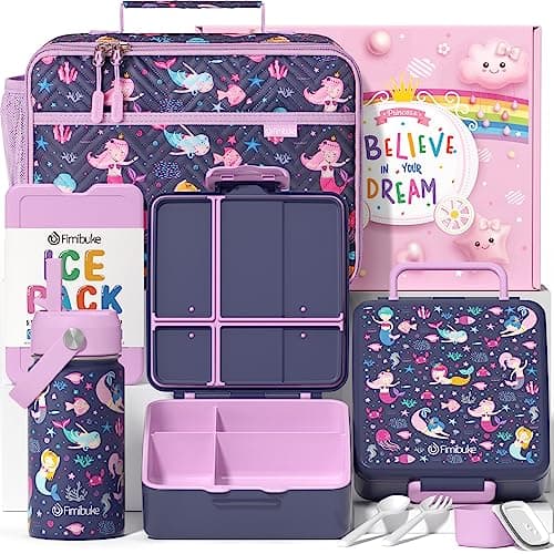 Fimibuke Kids Bento Lunch Box with 4 Compartments, Insulated lunch Bag, Stainless Steel Insulated Water Bottle, Ice Pack & Utensils Set, Birthday Gifts for Ages 3-12 Back to School Toddler Girls Boys - Image 1