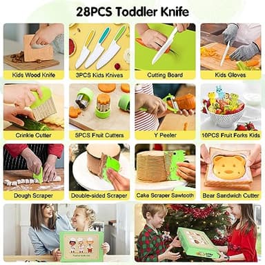 28PCS Toddler Knife Set - Kids Knifes for Real Cooking, Montessori Kids Kitchen Knife Set with Cutting Board Crinkle Cutters Kid Safe Knives, Toddlers Kitchen Tools for Age 2-10 Year Old Girl Boy - Image 3