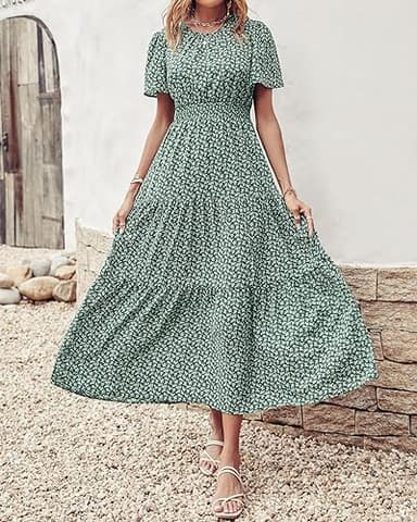 PRETTYGARDEN Women's Summer Casual Short Flutter Sleeve Round Neck Smocked Waist Tiered Boho Floral Flowy Maxi Dress(Leaves Green,XX-Large) - Image 2