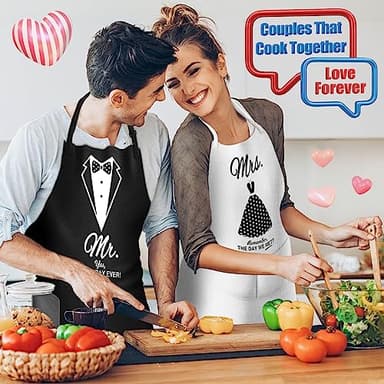 Wedding Gifts Engagement Gifts for Couples Mr and Mrs Aprons for Couples Gifts, Bridal Shower Gift Anniversary Christmas Gifts for Couple Mr and Mrs Gifts, 2 Pack Apron Gift Set - Image 6