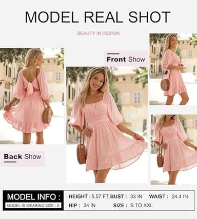 Dokotoo Square Neck Summer Dresses for Women Casual Lantern Sleeve Beach Vacation Clothes for Women Ruffle A-Line Flowy Dress Tie Backless Pink Sexy Dresses Shirred Elastic Waist Sun Dress Small - Image 3