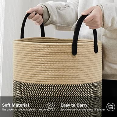 YOUDENOVA Woven Rope Laundry Hamper Basket, 58L Tall Laundry Basket for Blanket Organizer- Clothes Hamper for Bedroom Storage, Baby Kids Nursery Hamper-Large-Black & Brown - Image 3