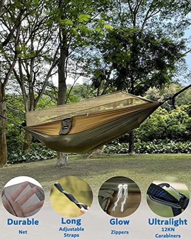 Sunyear Camping Hammock-Hammocks with Net and Rain Fly Tarp - Portable Single&Double Lightweight Nylon Parachute Hammocks with Hammock Tree Straps for Backpacking Hiking Travel Camping Indoor Outdoor - Image 4