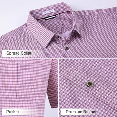 Esabel.C Mens Casual Button Down Shirts Wrinkle Free 4-Way Stretch Short Sleeve Plaid Summer Business Shirt,red,L - Image 3