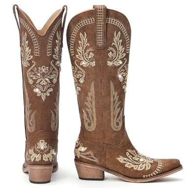 Dixhills Brown Cowboy Boots for Women - Wide Calf Knee High Cowgirl Boots, Glitter Sparkly Rhinestone Western Country Boots with Classic Embroidery, Pointed Toe Pull On Zipper Retro Boots Size 7.5 - Image 7