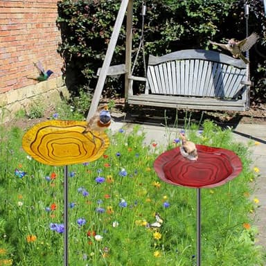 KHayRovies 2Pcs Metal Bird Baths for Outside, Hummingbird Small Birdbath Bowl for Outdoors with Metal Stake, Bird Feeder for Garden Yard Lawn Decor (Red & Yellow) - Image 3