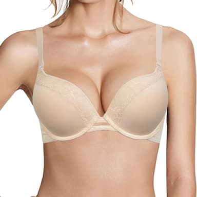 Push Up Thick Padded Plunge Underwire T Shirt Lace Bra Lift Support for Women Add One Cup - Image 2