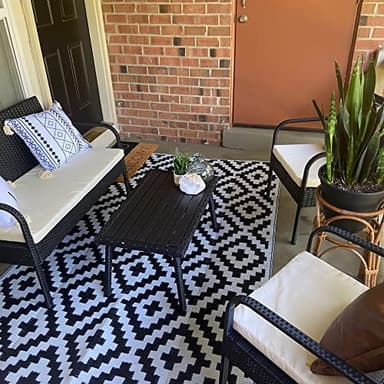 URBEST Outdoor Camping Mats Rugs Reversible Waterproof RV Deck Porch Plastic Rugs Black-White 4x6 Feet - Image 5