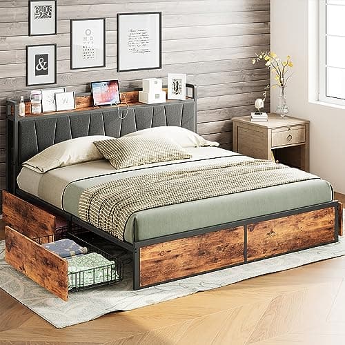 LIKIMIO King Bed Frame with 4 Storage Drawers, Platform Bed with Charged Headboard, Sturdy and Stable, No Noise, No Box Spring Needed, Easy to Install, Vintage Brown and Gray - Image 1