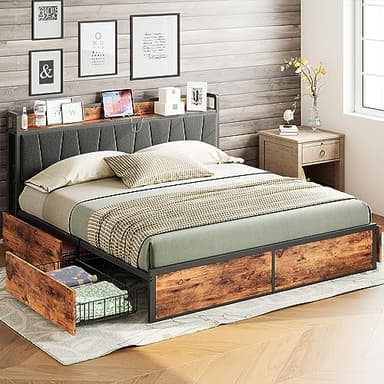 LIKIMIO King Bed Frame with 4 Storage Drawers, Platform Bed with Charged Headboard, Sturdy and Stable, No Noise, No Box Spring Needed, Easy to Install, Vintage Brown and Gray - Image 1