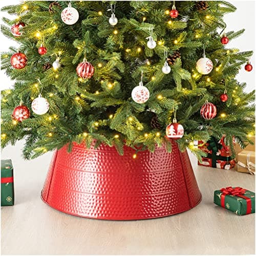 Glitzhome 26" D Red Hammered Metal Tree Collar Tree Base Cover Decorative Christmas Tree Ring for Christmas Decoration - Image 1