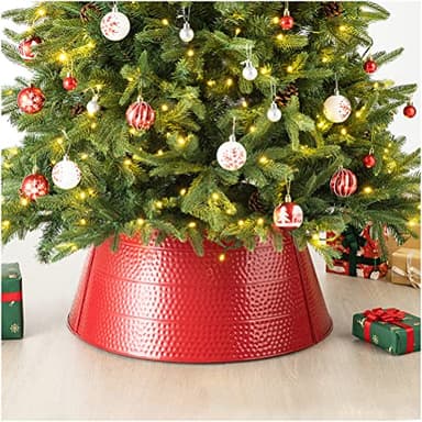 Glitzhome 26" D Red Hammered Metal Tree Collar Tree Base Cover Decorative Christmas Tree Ring for Christmas Decoration - Image 1