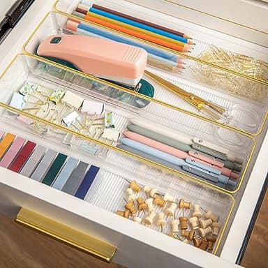 Martha Stewart Kerry Plastic Stackable Office Desk Drawer Organizers, 9" x 3", 8 Pack, with Gold Trim - Image 6