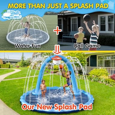 Hipsignal 110" Splash Pad for Kids & Dogs, 2-in-1 Large Sprinkler Water Toys with Basketball Hoop Arch, Thickened Pool Mat Toys for Backyard & Garden Outdoor Summer Fun Ages 4-12 - Image 2