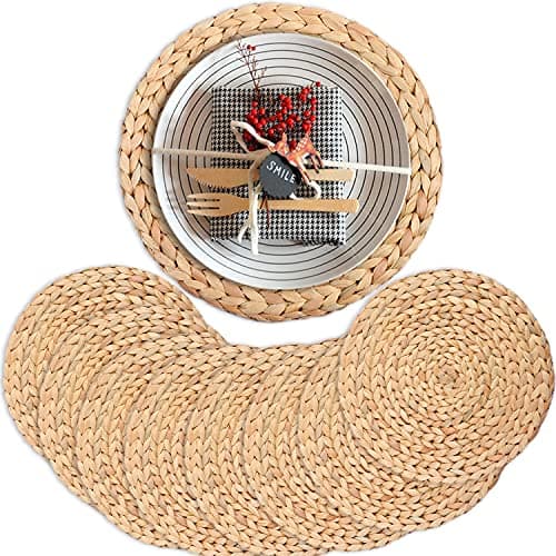 Round Placemats Set of 8, Boho Table Mats Set of 8, Woven Placemats for Round Table, Chargers for Dinner Plates, Wicker Place Mats, Water Hyacinth Plate Mat, Individuales para Mesa De Comedor, 13.4in - Image 1