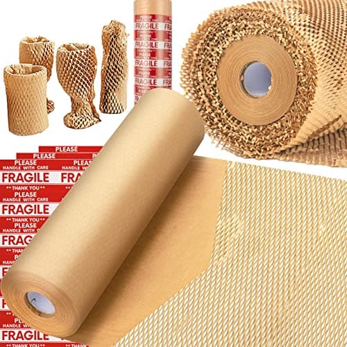 Honeycomb Packing Paper, MINHAO 15"x230' Eco Friendly Packing Paper for Moving Recyclable Honeycomb Paper Moving Supplies Bubble Paper Wrapping Protective Roll, With 36 Fragile Sticker Labels - Image 1