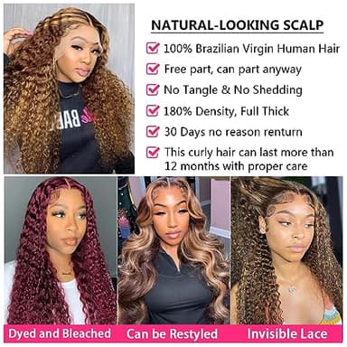 bangjazz 26 Inch Highlight Ombre Lace Front Wig Human Hair Deep Wave 13x4 HD Lace Frontal Wigs Human Hair 180% Density P4/27 Colored Curly Wigs for Women Glueless Pre Plucked Wig - Image 4