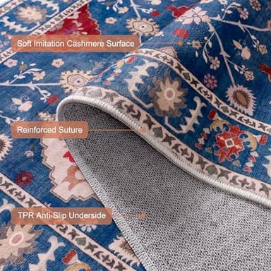 Quntue 5x7 Blue Area Rug, Machine Washable, Non Slip, Vintage Floral, Living Room, Bedroom, Dining Room, Entryway - Image 4