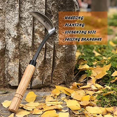 SHANFEEK Grass Sickle Japanese Weeding Hoe Garden Hand Tool Weeding Tools for Garden High-Strength Steel with Solid Wood Handle (Grey) - Image 2