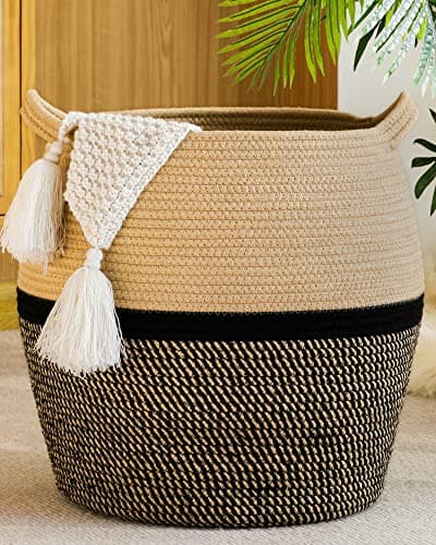KAKAMAY Woven Baskets for Storage(17"x17"),Large Cotton Rope Woven Baby Laundry Hamper,Collapsible Laundry Basket, Blanket Basket for Organizing Living Room,Nursery,Clothes,Toy chest (Black) - Image 1