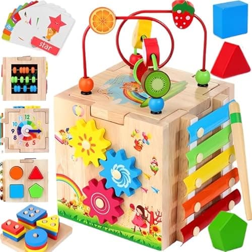 Batlofty Wooden Activity Cube, 8-in-1 Montessori Toys for 1 2 Year Old Girl Boy Toddler| Sensory Educational Learning Toys 12-18 Months | 1st Birthday Gifts, Bead Maze | Bonus Sorting & Stacking Board - Image 1