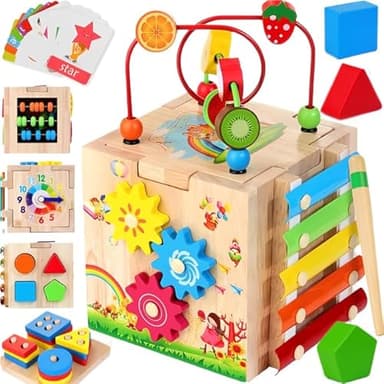 Batlofty Wooden Activity Cube, 8-in-1 Montessori Toys for 1 2 Year Old Girl Boy Toddler| Sensory Educational Learning Toys 12-18 Months | 1st Birthday Gifts, Bead Maze | Bonus Sorting & Stacking Board - Image 1