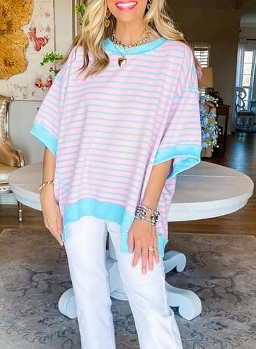 SHEWIN Summer Tops for Women 2025 Short Sleeve Shirts Trendy Loose Crewneck Oversized Tshirts Striped Color Block Cute Top Womens Fashion T Shirt Pink Stripe L - Image 5