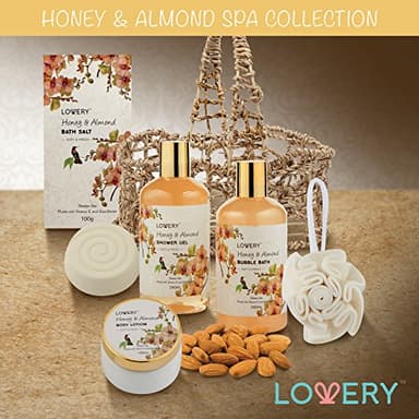 Womens Gifts, Gift Baskets for Women Who Have Everything, Home Spa Honey & Almond Scent, Luxury Bath & Body Set - Shower Gel, Bubble Bath, Body Lotion, Salts, Bath Bomb, Bath Puff & Handmade Basket - Image 7