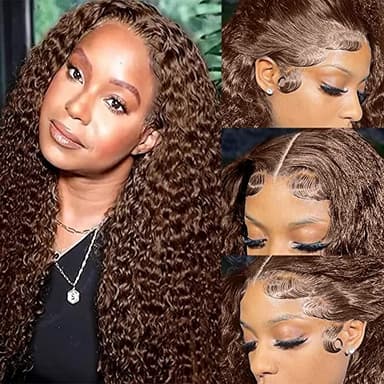 ghotool 200% Density Mongolian Curly Lace Front Wigs Human Hair 13x6 Auburn Brown HD Transparent Lace Front Wigs Human Hair for Women With Baby Hair Chocolate Deep Curly Lace Front Wigs - Image 2
