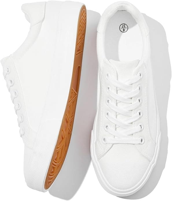 Witwatia White Canvas Sneakers for Women Lace-up Tennis Shoes Non-Slip Cozy Low Top Walking Shoes for Women - Image 1
