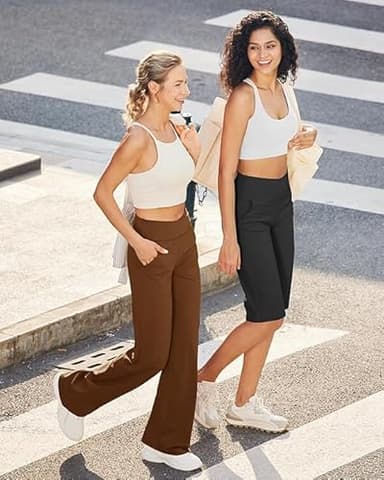 G4Free Yoga Pants for Women with Pockets Wide Leg Dress Pants with Pockets High Cross Waist Stretch Palazzo Pants Straight Leg(Dark Coffee,M,31") - Image 3