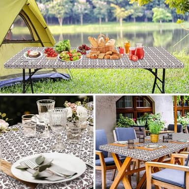 misaya Rectangle Vinyl Table Cloth, Elastic Fitted Flannel Backed Tablecloth, 100% Waterproof Plastic Table Cover Fits 6 Foot Folding Tables for Picnic, Camping, Outdoor (Coffee, 30" x 72") - Image 6
