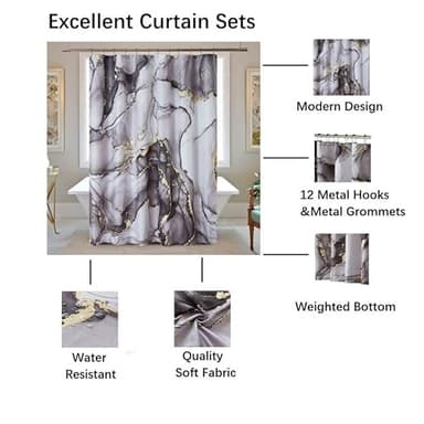 YOSTEV Black Gold Marble Shower Curtain Set, Abstract Marbled Shower Curtains for Bathroom Décor with 12 Metal Hooks, Luxury Modern Waterproof Bath Accessories, 72 x 84 Inch - Image 3
