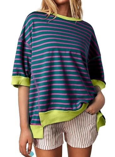 SHEWIN Spring Tops for Women Trendy Short Sleeve Shirts Crewneck Sweatshirt Loose Ladies Top and Blouses Dressy Casual Womens Summer Tshirts Purple Stripe XXL - Image 3