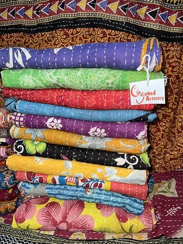 Gajanad Artistry One Piece Vintage Kantha Quilts Reversible Bohemian Home Decor Handmade Indian Blanket Twin Size 85X55 Inches Assorted Multicolor - Image 2