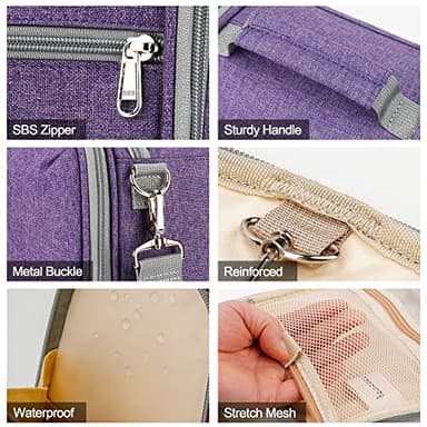 Extra Large Toiletry Bag for Women and Men, 6 Organizer Compartments, Holds Full Size Shampoo, with Hanging Hook Cosmetic Bag, Travel Makeup Bag, Bathroom Water-resistant Toiletries Bag, Purple - Image 7