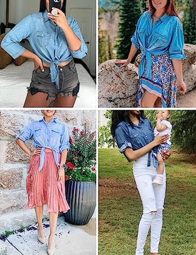 AMEBELLE Women's Roll Up 3/4 Sleeve Tie Front Knot Shirt Chambray Denim Crop Top(0088-LightBlue-M) - Image 4