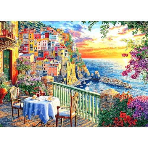 Italy Cinque Terre Jigsaw Puzzles for Adults 1000 Pieces Coastal Village Beautiful Landscape Scenery Sunset View with Letters on Back Hard Impossible Difficult challenging Family Puzzle (27.5"x19.6") - Image 1