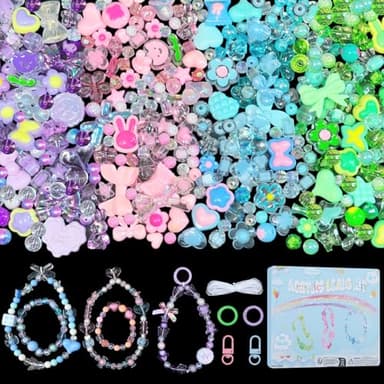 JoyJellies Bracelet Making Kit Assorted Acrylic Beads, 4 Colors Charms Keychain Making Kit with String Key Ring Clips Bow Heart Cute Beads for Bracelets DIY Arts and Crafts Girls Jewelry Making Gifts - Image 1