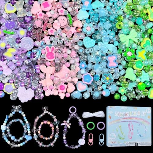 JoyJellies Bracelet Making Kit Assorted Acrylic Beads, 4 Colors Charms Keychain Making Kit with String Key Ring Clips Bow Heart Cute Beads for Bracelets DIY Arts and Crafts Girls Jewelry Making Gifts