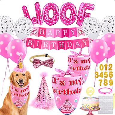 AROIC Dog Birthday Bandana Set, Pet Party Decorations Kit with 2 Bandanas, Fun Pet Birthday Party Decorations for Small Medium Dogs Pets, Cute Puppy Celebration Outfit with Hat, Bow Tie & Balloons - Image 1