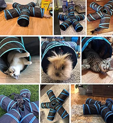 Pawaboo Cat Toys, Cat Tunnel Tube 5 Way Tunnels 25x53cm Extensible Collapsible Play Tent Interactive Toy Maze Cats House with Balls and Bells for Cats Kitten Kitty Rabbit Small Animal, Blue - Image 2