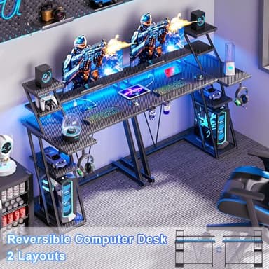 40 Inch Gaming Desk with LED Lights & Power Outlet, Small Gaming Computer Desk with Storage Shelves, L Shaped Gamer Workstations with Monitor Stand for Bedroom, Carbon Fiber Black - Image 3