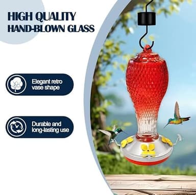 Hummingbird Feeder for Outdoors,17 OZ Glass Humming Bird Feeder for Garden Decor,Four Flowers Feeding Ports,Leak Proof,Ant Moat Included,Humming Gifts for Women - Image 3