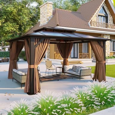 Aoxun 12'x10' Hardtop Gazebo, Aluminum Frame Permanent Pavilion with Curtains and Netting, Outdoor Polycarbonate Double Roof Canopy, Designed for Garden, Lawns, Patio, Brown - Image 3