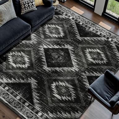 Area Rug 8x10 Rug Machine Washable Non-Slip Low Pile Print Pattern Western Rug for Living Room Bedroom Entryway Tribal Series -Black - Image 2